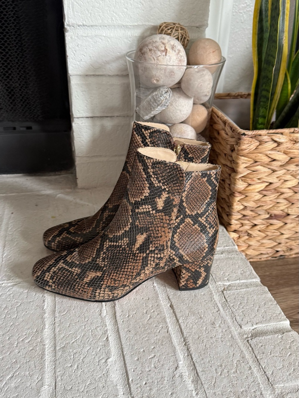J. McLaughlin Snakeskin Leather Ankle Boots Size 7 Brown Black Block Heel